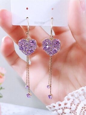 Sparkling Gold & Purple Crystal Heart Drop Dangle Earrings - S925 Sterling Post